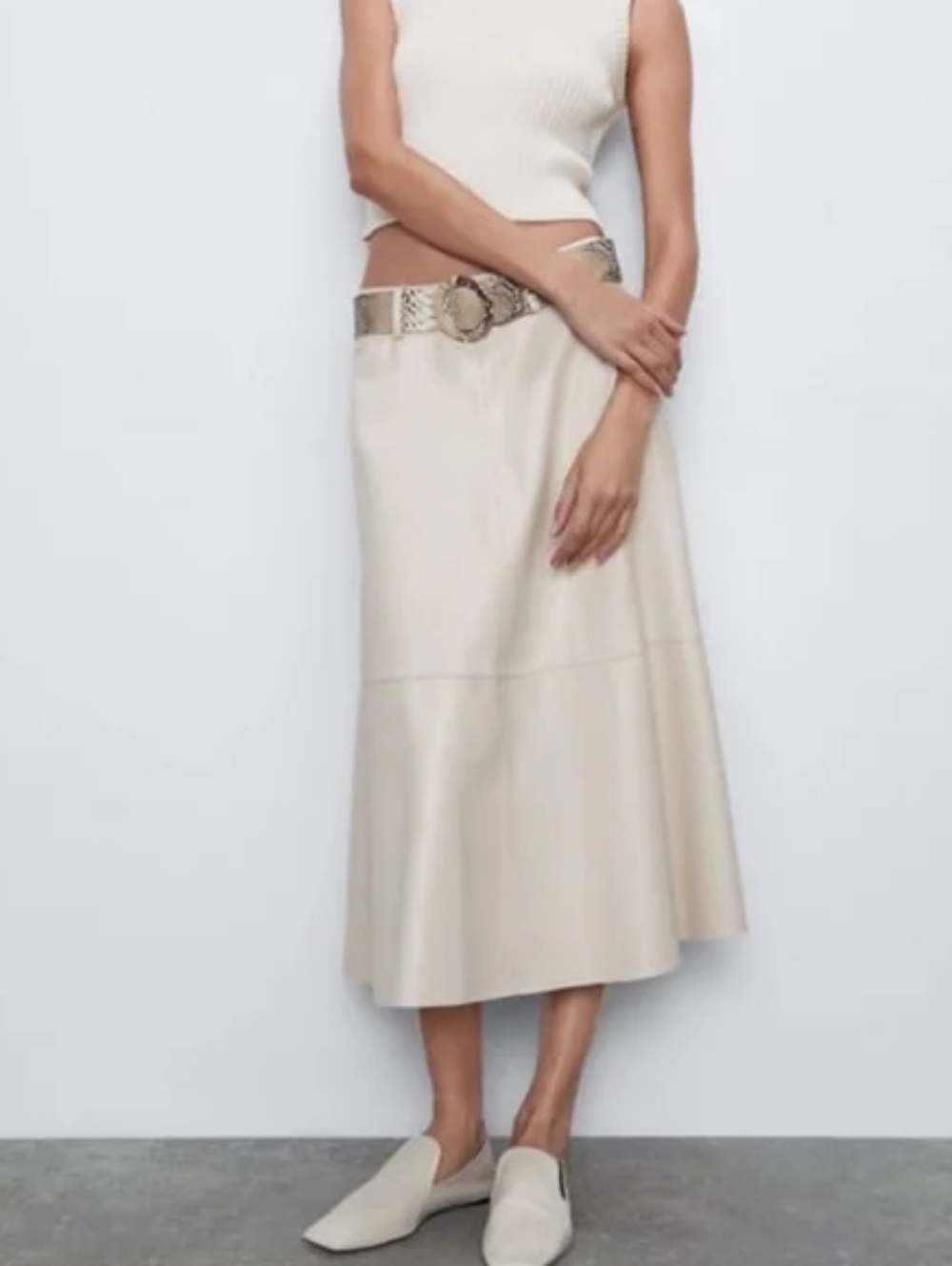 Zara Beige Faux Leather Midi Skirt with Belt - Picture 3 of 11
